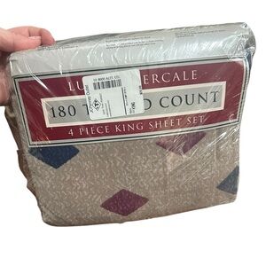 NEW - Vintage 90s Burgundy Blue Khaki Percale King Sheet Set Diamond Pattern